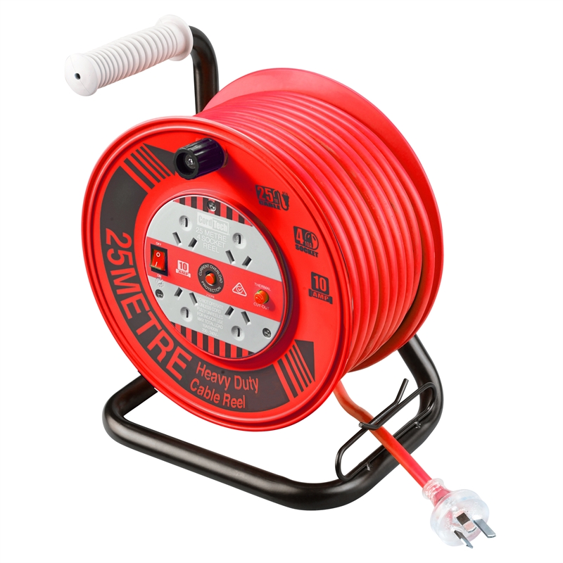 CordTech 25m Heavy Duty Cable Reel With 4 Outlets | Bunnings Warehouse