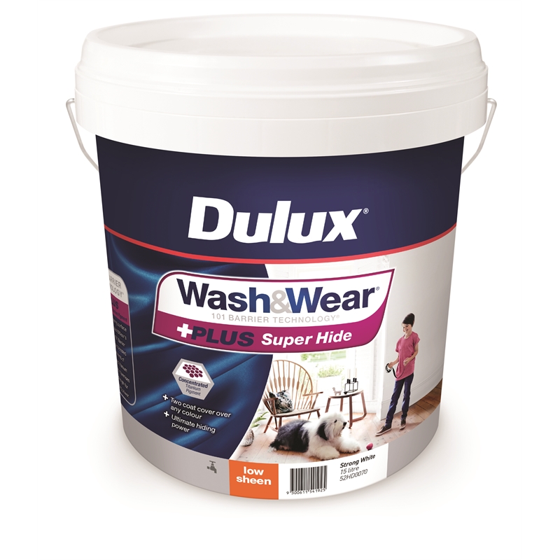 Dulux 15L Strong White Low Sheen Wash&Wear +PLUS Super Hide Paint