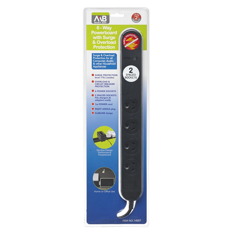 Mort Bay 6 Way Slim Board Black Surge Protected 1m Cord Mort Bay 6 Way Slim Board Black Surge Protected 1m Cord
