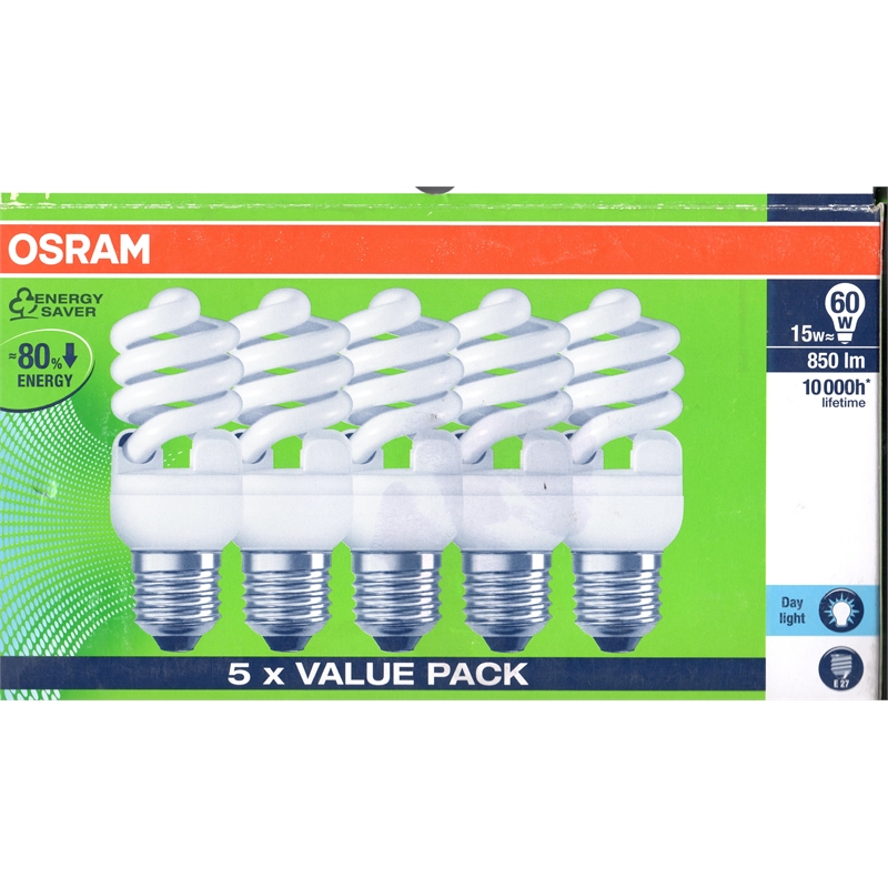 Osram 15W Daylight Mini Twist Spiral Globe ES 5pk Bunnings Warehouse