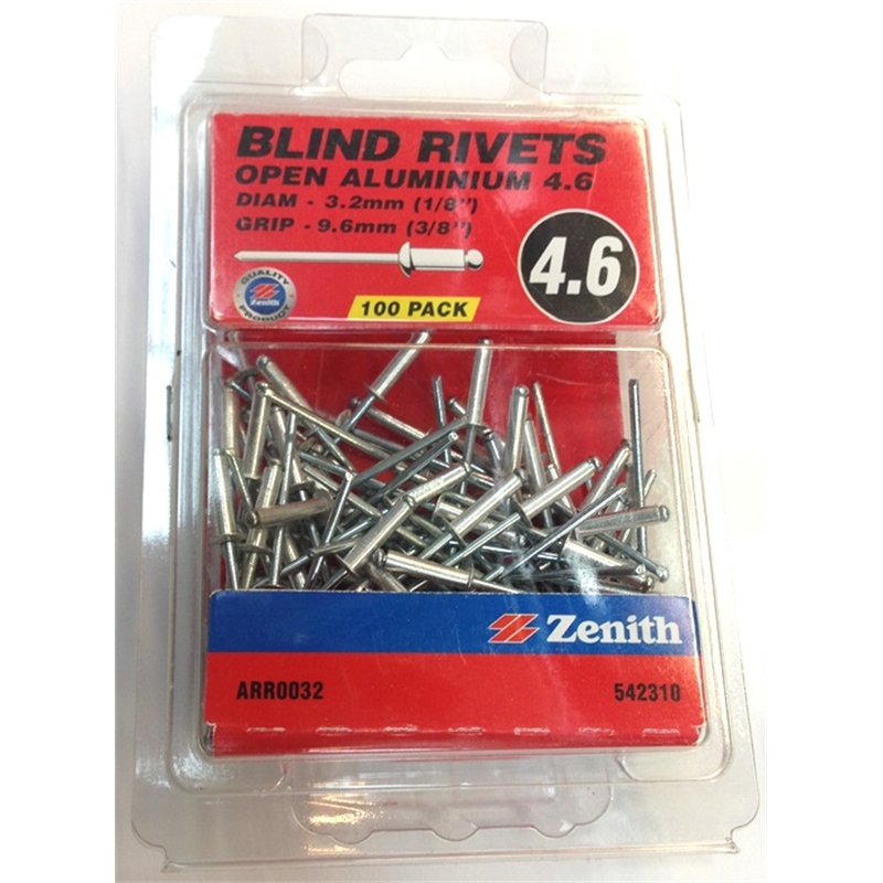 Zenith Blind Rivet Open Alum 1/8"D x 3/8"G 100pk Bunnings Warehouse