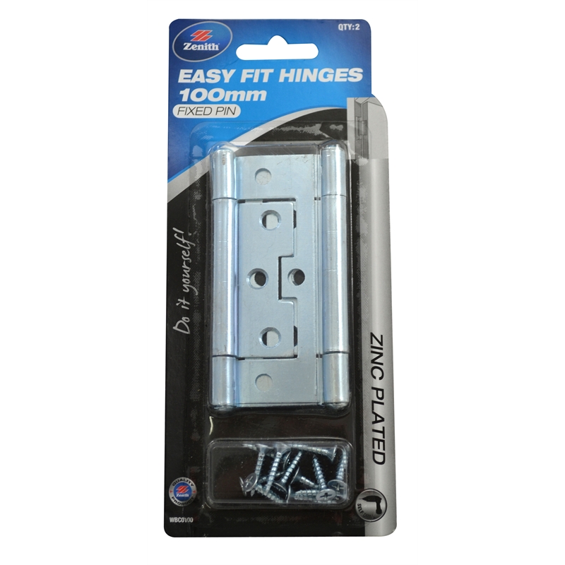 Zenith Easy Fit Hinge 100mm Zinc Plated Fixed Pin 2pk Bunnings Warehouse